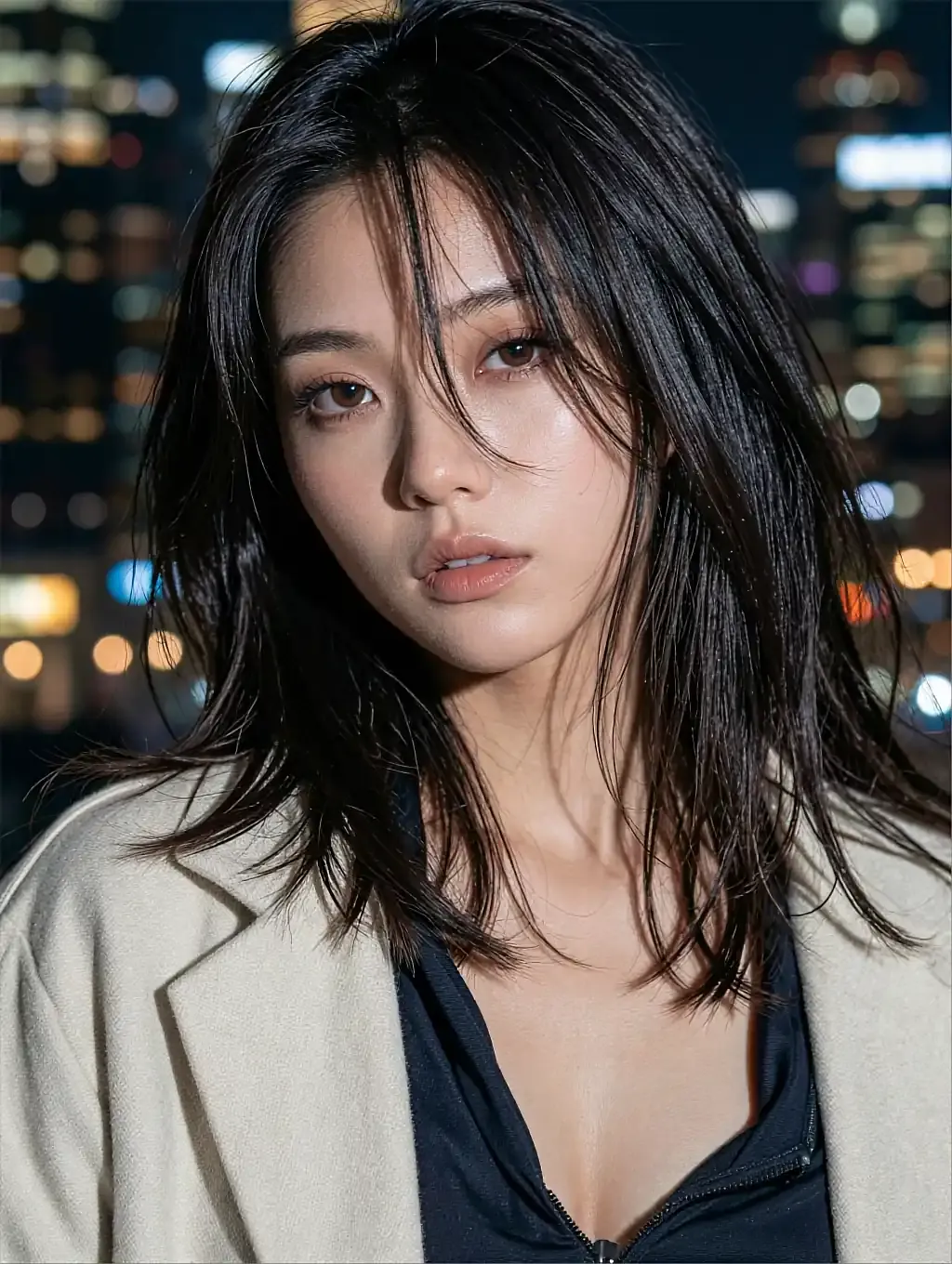 Fictional AI character featured on the fourth landing page, at night